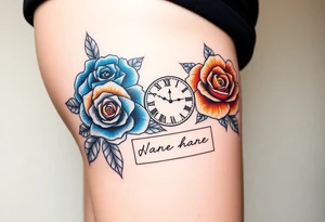 2 Blue and orange roses with a clock and name placeholder on the thigh tattoo idea