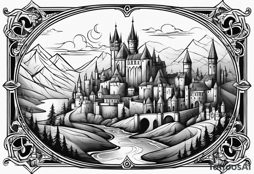 medieval tribal city land vignette tattoo idea
