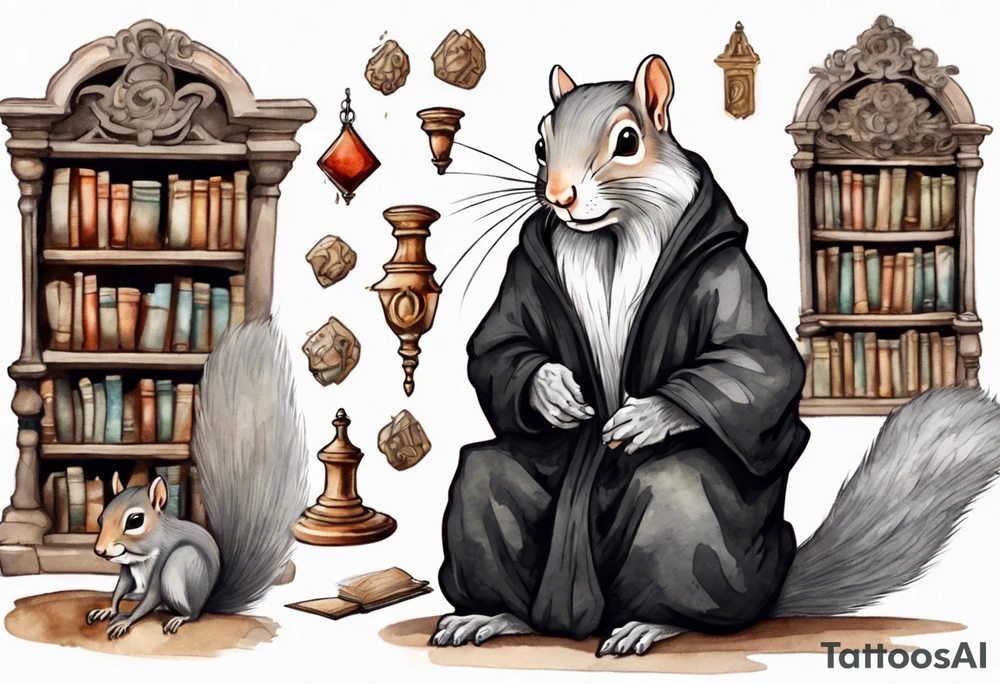 an elderly grey squirrel with a long beard wearing a black robe sitting in an ancient library tattoo idea