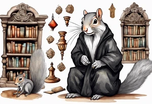 an elderly grey squirrel with a long beard wearing a black robe sitting in an ancient library tattoo idea