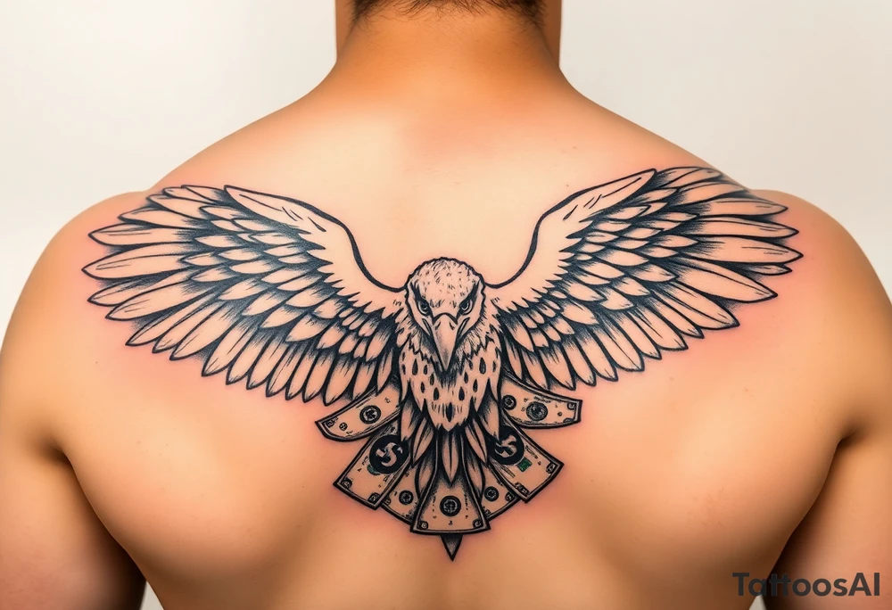 powerful eagle spreading wings and US dollar bills around for neck tattoo tattoo idea