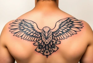 powerful eagle spreading wings and US dollar bills around for neck tattoo tattoo idea