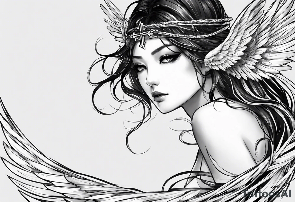 I need a tattoo in minimalism, the main element will be a cross, which should have angel wings, and barbed wire runs from top to bottom along the cross минимум деталей tattoo idea