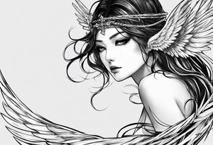 I need a tattoo in minimalism, the main element will be a cross, which should have angel wings, and barbed wire runs from top to bottom along the cross минимум  деталей tattoo idea