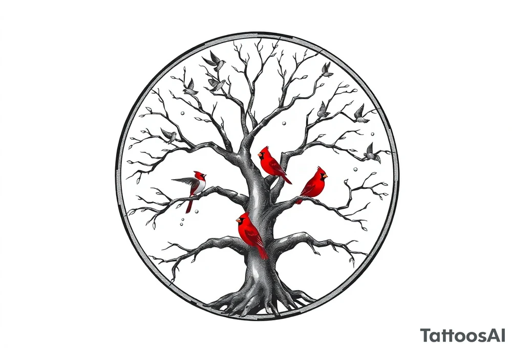 Tree of life in a broken circle with 5 birds flying out and two red cardinals sitting in the tree tattoo idea