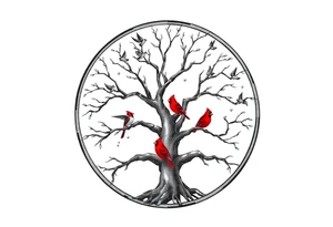 Tree of life in a broken circle with 5 birds flying out and two red cardinals sitting in the tree tattoo idea