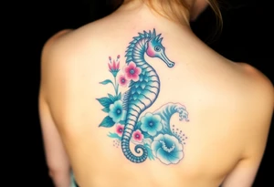 Sea horse flowers and waves tattoo idea