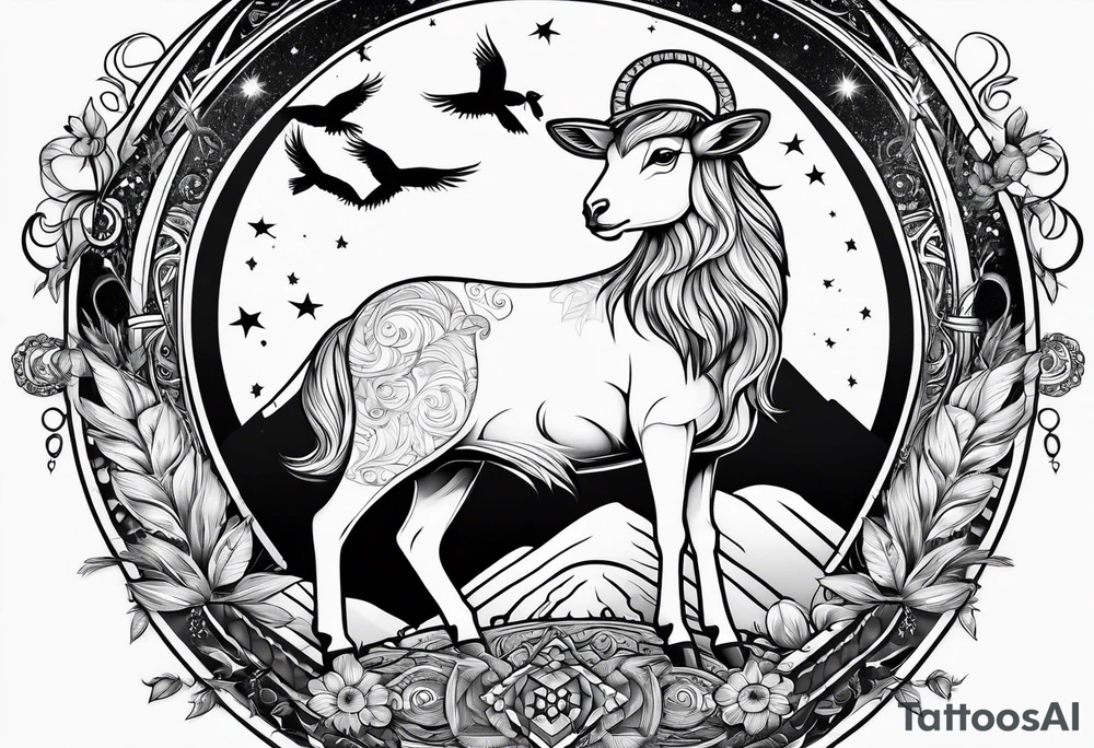 combine moon, bird and lamb tattoo idea