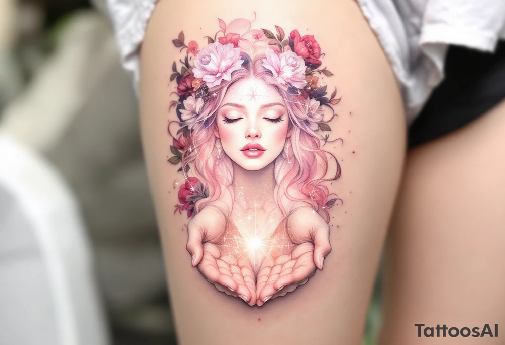 An ethereal Virgo maiden in faded rose pink carries the constellation in her open palms. tattoo idea