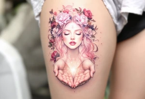 An ethereal Virgo maiden in faded rose pink carries the constellation in her open palms. tattoo idea