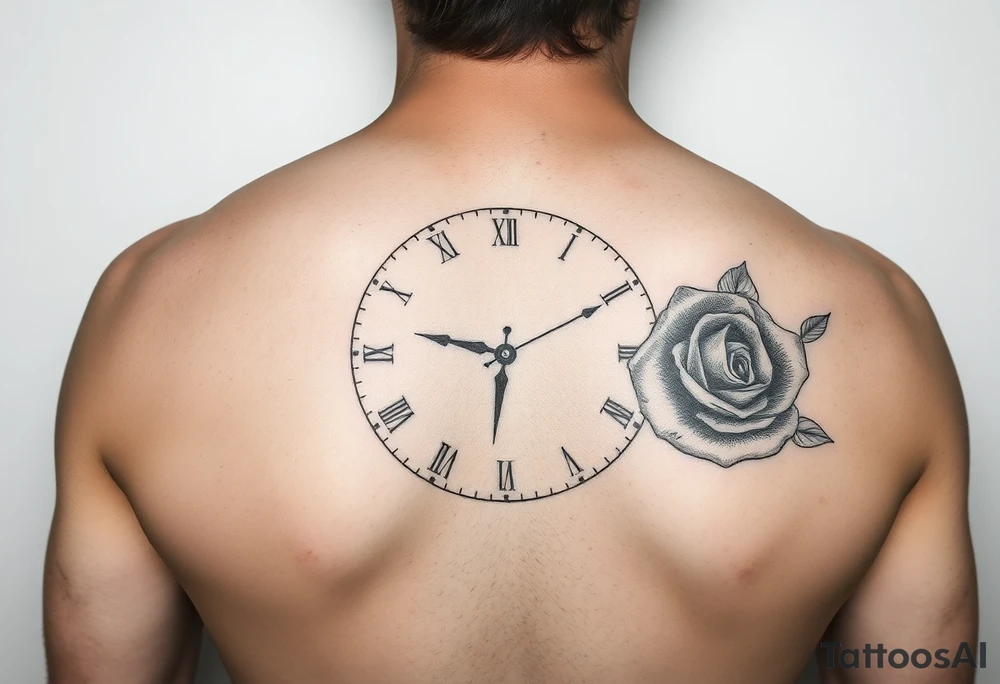 Pencil sketch of clock showing time of 12:56 with rose tattoo idea