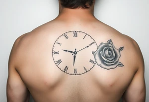 Pencil sketch of clock showing time of 12:56 with rose tattoo idea