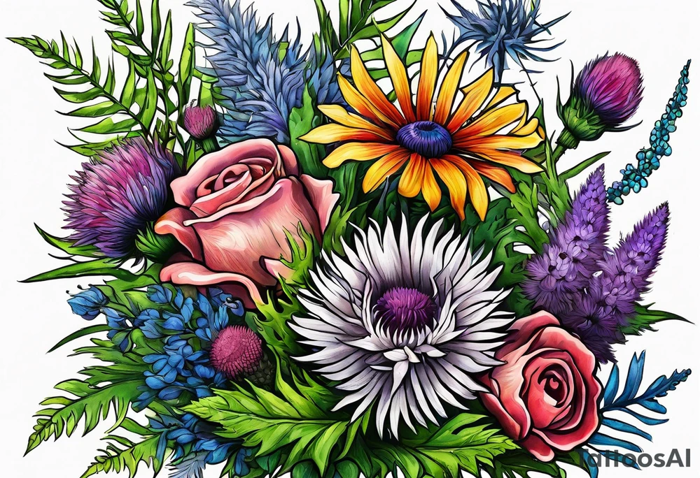 saturated mixed wildflower bouquet with ferns and thistles with color tattoo idea