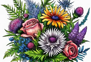 saturated mixed wildflower bouquet with ferns and thistles with color tattoo idea