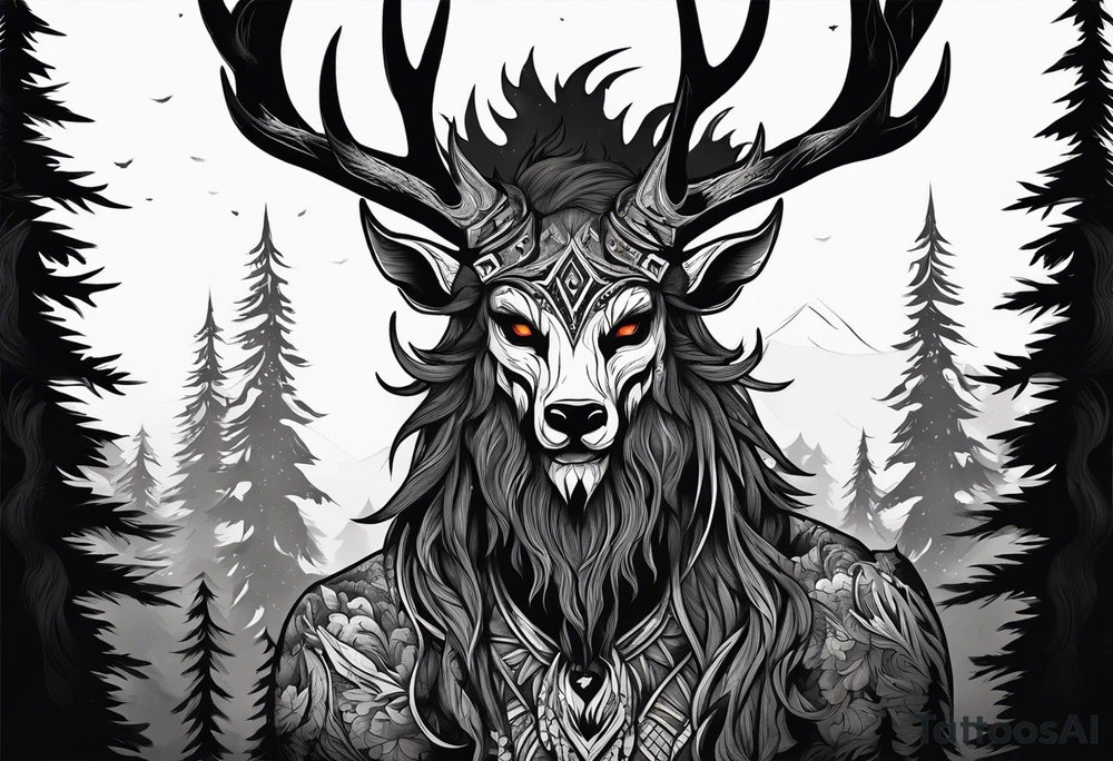 A SCARY lore accurate wendigo surrounded by a forest fire in background tattoo idea