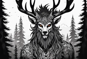A SCARY lore accurate wendigo surrounded by a forest fire in background tattoo idea