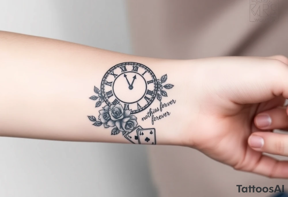 Roman clock with roses and a crown,  a quote that says nothings forever. and on the bottom a deck of cards tattoo idea