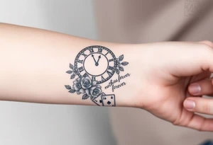 Roman clock with roses and a crown,  a quote that says nothings forever. and on the bottom a deck of cards tattoo idea