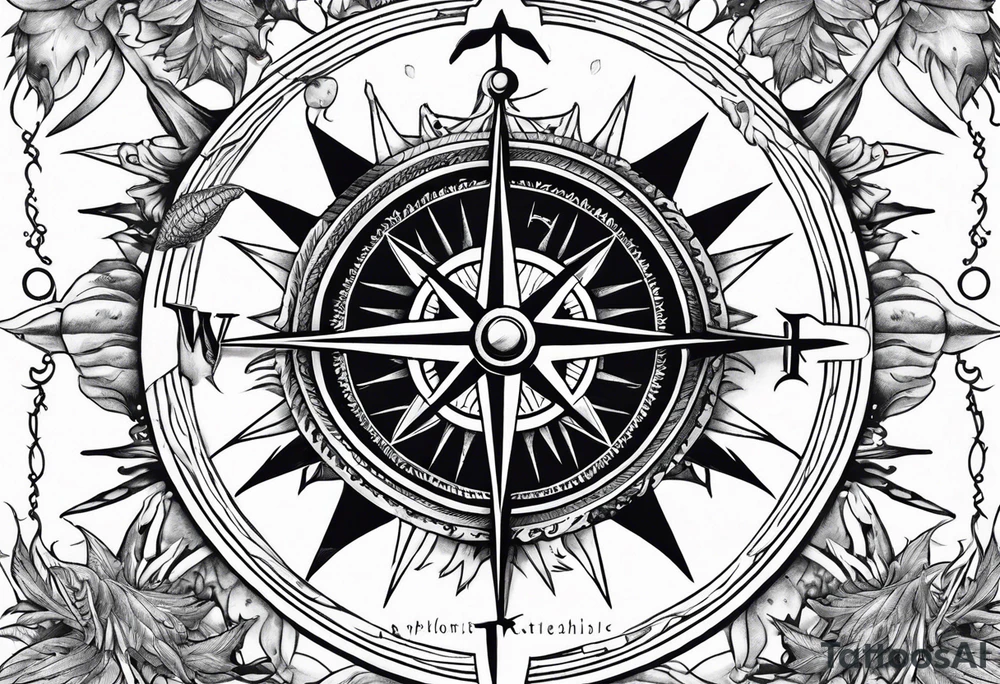 Pirate compass covered in starfish and marlin tattoo idea