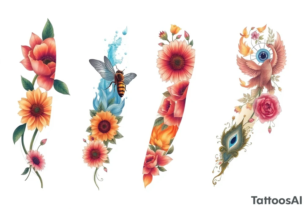 Create a design full sleeve arm tattoo with Tulip 
Sunflower 
Roses 
Bee 
Water 
Fire 
Earth 
Wind 
Phoenix 
Evil eye 
888 tattoo idea