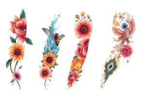 Create a design full sleeve arm tattoo with Tulip 
Sunflower 
Roses 
Bee 
Water 
Fire 
Earth 
Wind 
Phoenix 
Evil eye 
888 tattoo idea