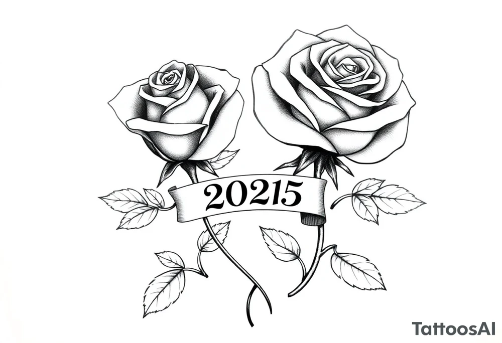 two beautiful large rose buds, one larger than the other, with many leaves next to the rose buds, with one sitting higher than the other. Include a banner connecting the two roses with the year "2025" on it.   Use dark outlines with little shading. The two stems should be short, not long, and connect and join into one stem, whimsically curved or twisted - not straight down. tattoo idea