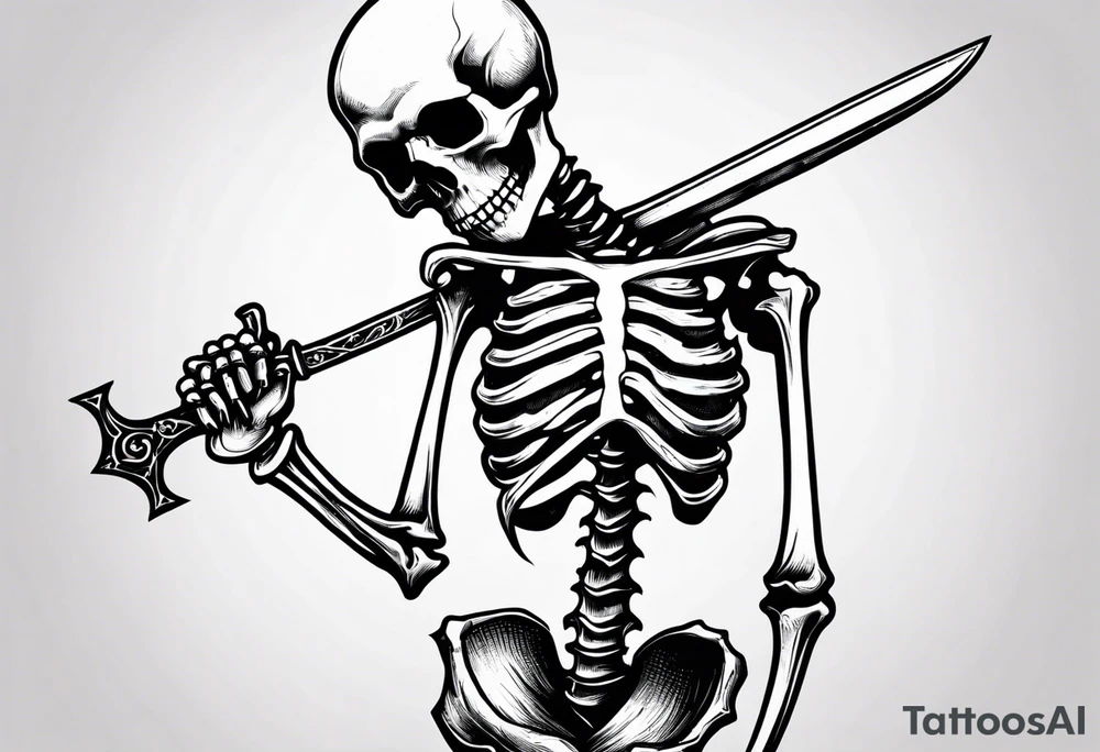 depressed skeleton holding his heart in his hand with a dagger through it tattoo idea