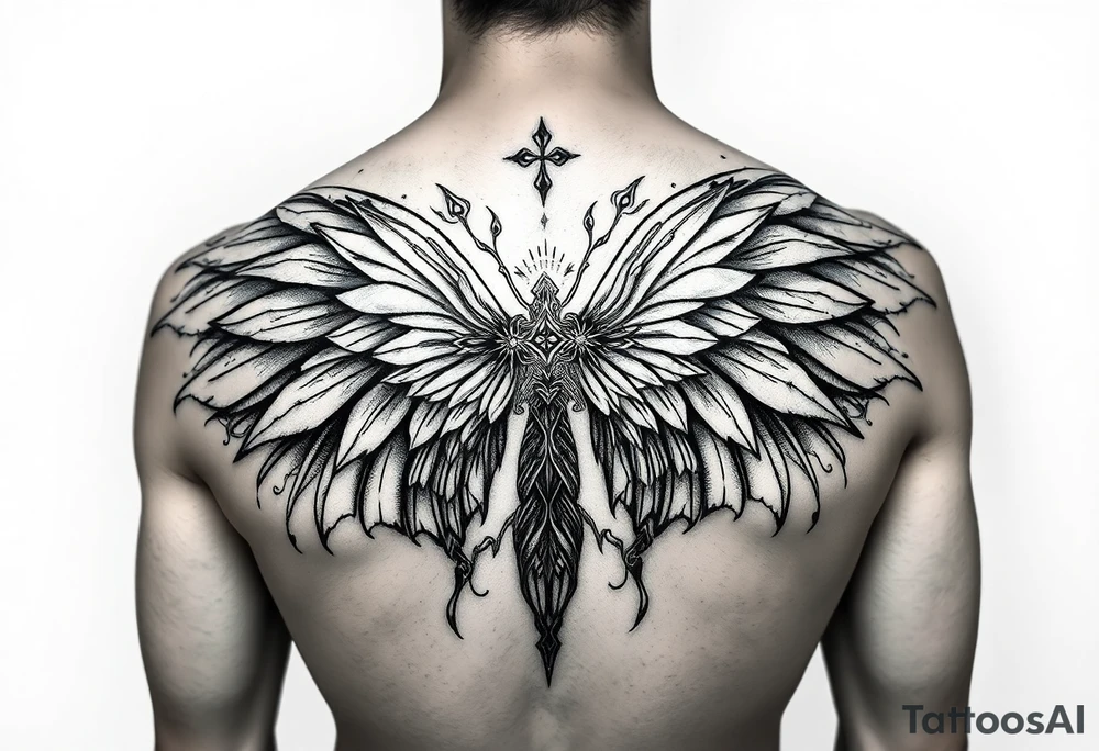 maximalist, cyber sigilism, organic touches, back tattoo, whimsical, witchy, hippie, fairy wing like, maximalistic, very very complex and big, detailed tattoo idea