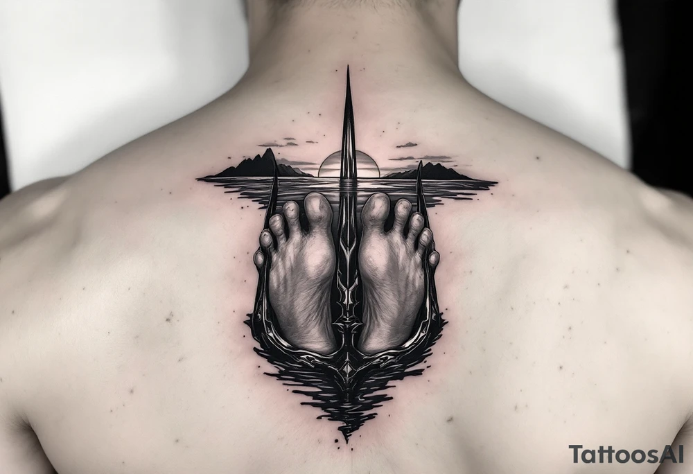 barefeet behind trident half way under water and sunset tattoo idea