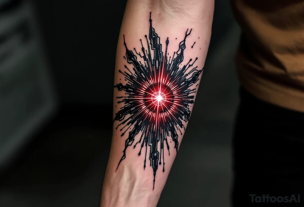 A shadowy humanlike mechanical arm inked in matte black with accents of silver and a central pulsar in deep red. tattoo idea
