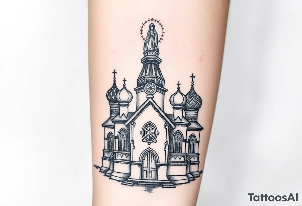 in a dorsal view a detailed medium sized country style russian orthodox church with onion domes and a band at the front with mist shrouding the top and fading into a virgin mary overlooking above at the top tattoo idea