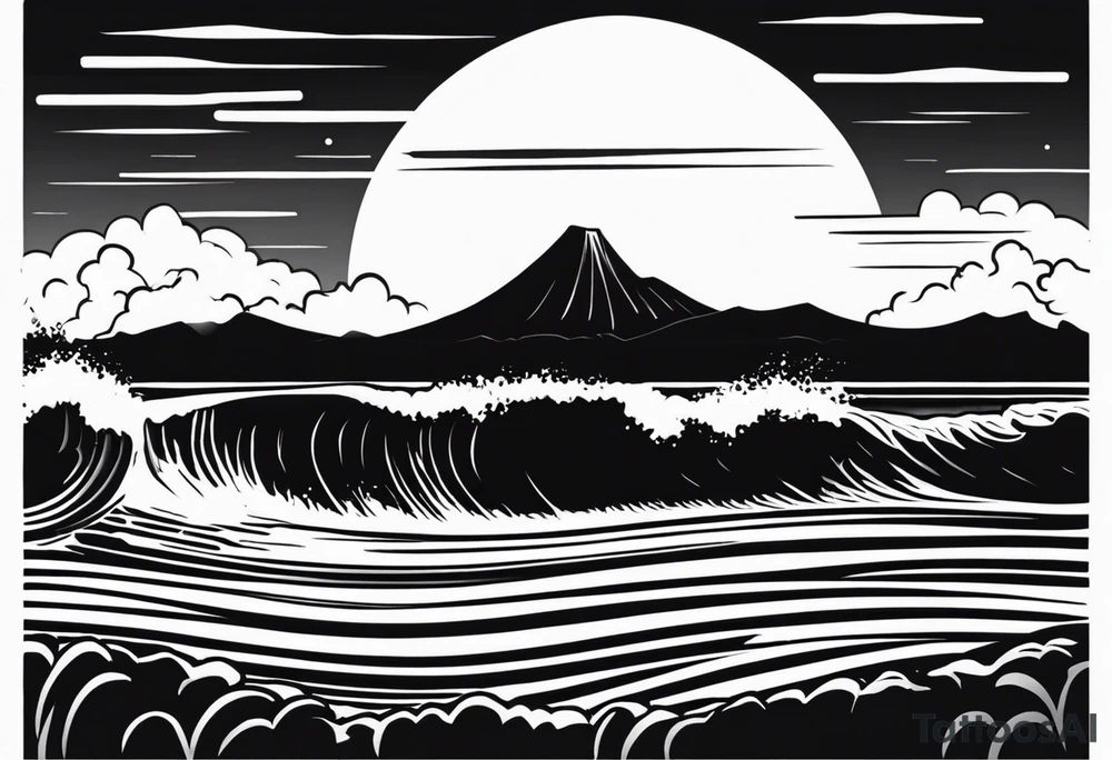 Hawaian beach with a big sun and many small waves, only black and white. The shape should BE a surfvoard tattoo idea