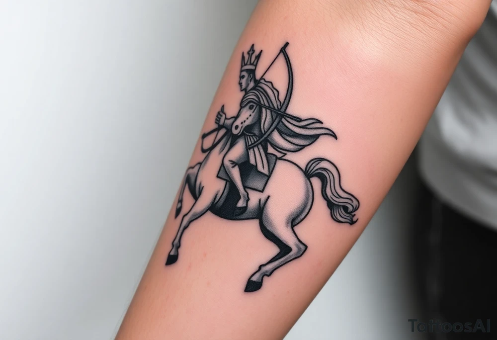 Generate an image of conquest on a white horse. Use this passage from Revelations: "And I saw, and behold a white horse: and he that sat on him had a bow; and a crown was given unto him: and he went forth conquering, and to conquer". Include the rider on a white horse wearing a crown and carrying a bow. Make it photorealistic tattoo idea