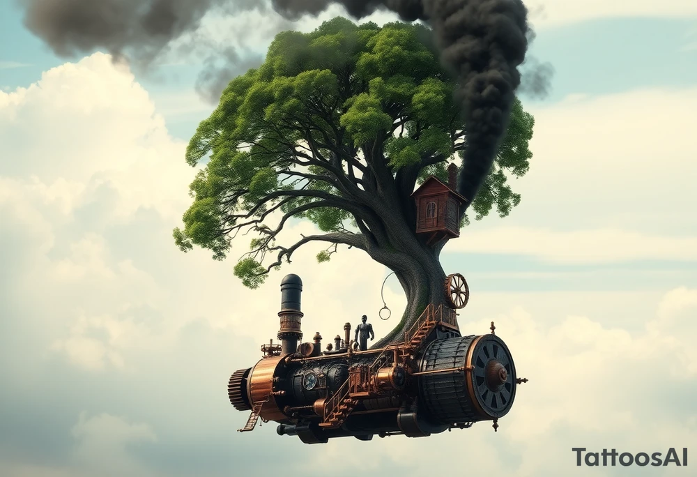 tree growing out of a v shaped engine with lots of pipes, guages and steam around the engine 
 with a smoke stack coming out of the top 
 billowing black smoke as if the tree and engine were a flying machine flying through the air 
 with an extreme steam punk vibe alot more steam punk 
it should look somewhat like a hot air baloon where the tree is the balloon and the machine is the basket but they are together as one unit, and the sky should have clouds in the back ground as if it were chugging along flying through the sky and needs to look extremely steam punk
the smoke stack should be coming out of the tree and the smoke should be trailing behind the machine 
the tree is the actual smoke stack for the machine 
the smoke stack should be a branch pointing up and out with smoke billowing out of it 
and the motor should be a motor that is kind of shaped like the letter V
and there should be a little tree house built in the tree with steam punk looking windows and some stairs down to a platform on the top of the engine 
the tree house shouold be built into the tree as if it were grown into the tree tattoo idea