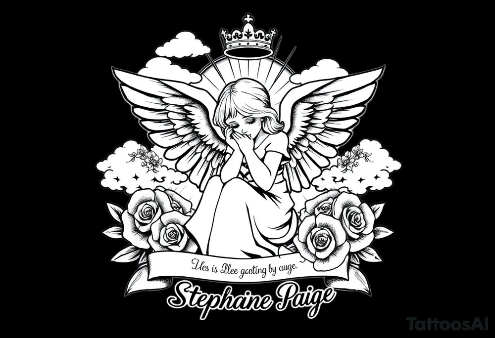 A beautiful memorial tribute tattoo with a fallen angel with big beautiful wings kneeled down crying with roses all around and clouds above and beams of haven shining down. With the saying " You were my favorite hello,and my hardest goodbye.Until we meet again,my sweet girl,rest easy" with the name Stephanie Paige underneath the saying ,all in bold beautiful writing or font. Add a bold crown at the top of it all and any extras you feel would blend or go with this idea. tattoo idea