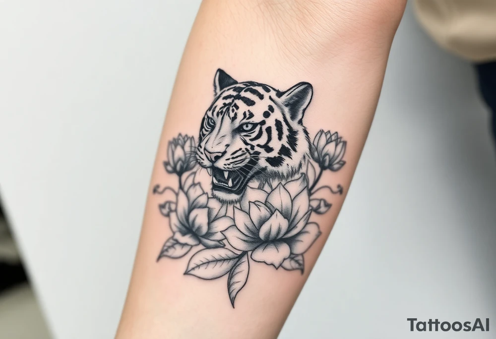fierce tiger emerging through blooming lotus flowers in mist ganzer unterarm tattoo idea