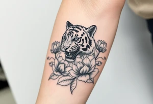 fierce tiger emerging through blooming lotus flowers in mist ganzer unterarm tattoo idea