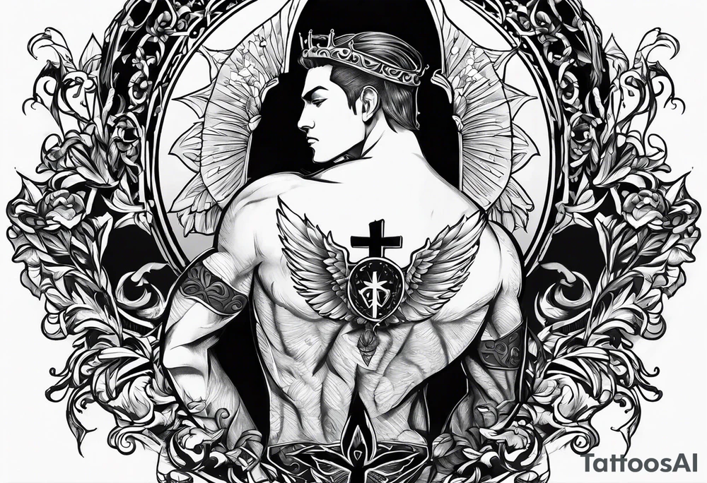 An aesthetic tattoo that is placed on the upper back of a male. It should represent catholic religion, discipline, pain, bodybuilding and the love to animals. tattoo idea