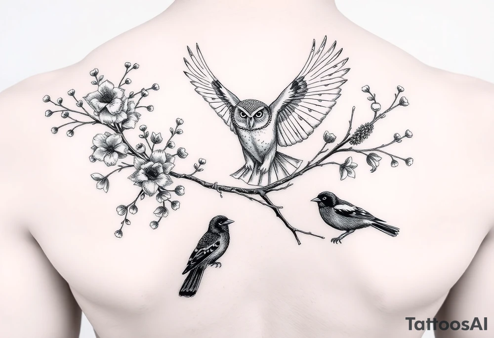 a fineline rowan tree branch with berries and florals. The florals should be large and the branches should have berries. add an owl in flight, plus two other birds (magpies) that are entwined in the branches tattoo idea