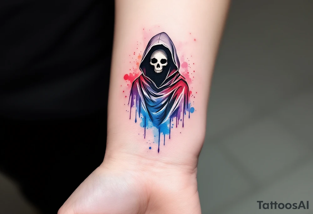 A watercolor-style Grim Reaper with splashes of red, blue, and violet fading from his cloak. tattoo idea