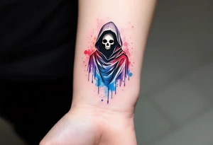 A watercolor-style Grim Reaper with splashes of red, blue, and violet fading from his cloak. tattoo idea