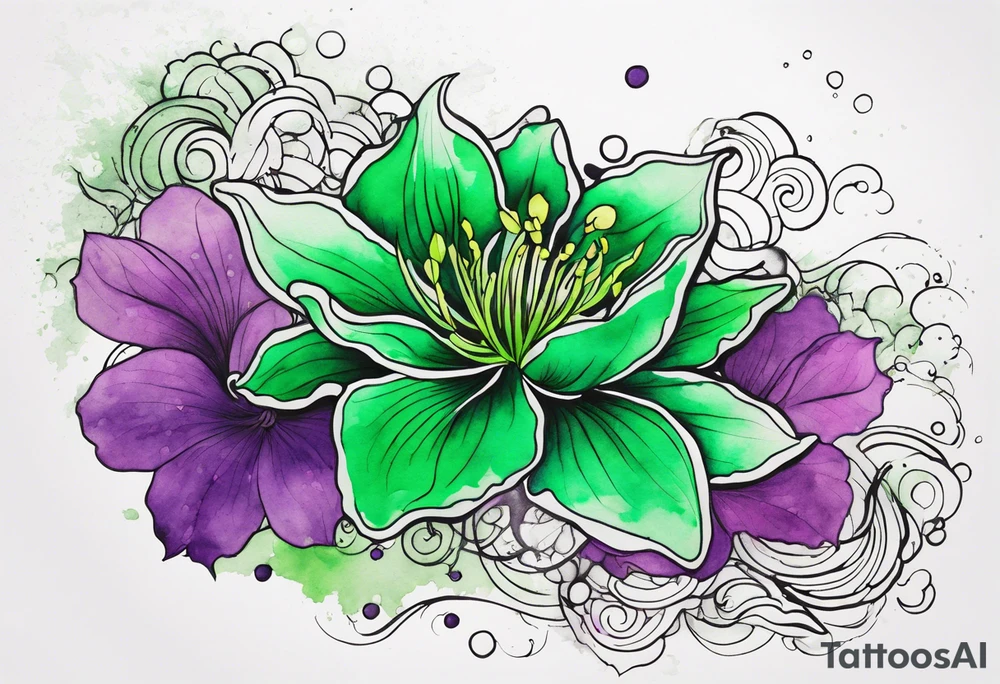 A mystical outline of a green with a bit of purple rio dipladenia flower and a green and purple watercolor splash in the background tattoo idea