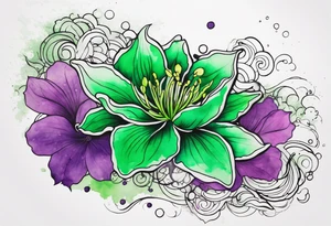 A mystical outline of a green with a bit of purple rio dipladenia flower and a green and purple watercolor splash in the background tattoo idea