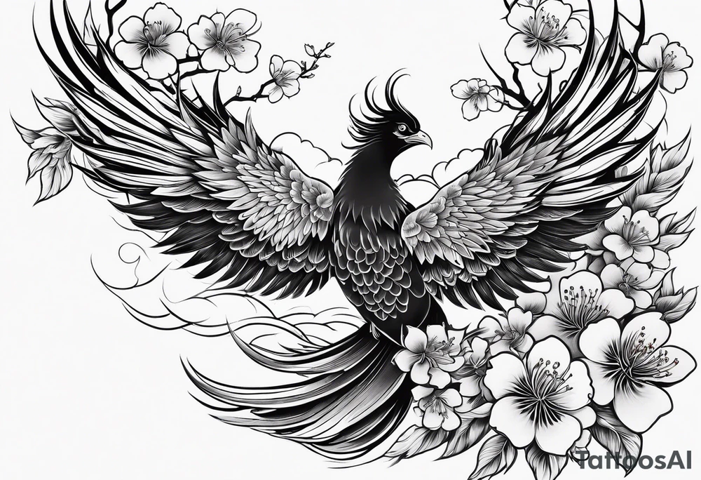 traditional Japanese phoenix and cherry blossoms blank background tattoo idea