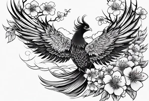 traditional Japanese phoenix and cherry blossoms blank background tattoo idea