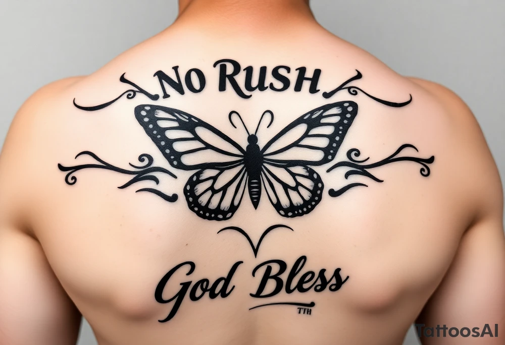 The words No Rush with a monarch butterfly in the same tatto with the words God Bless with a fishing pole. Tattoo is masculine for the upper arm. More artistic tattoo idea