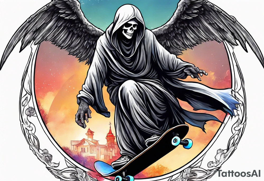 the grim reaper riding a skateboard with an angel halo above his head tattoo idea