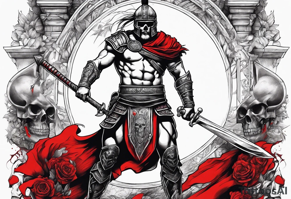 Black and white full body of gladiator, with red clothes, red blood around, skulls and skeletons in the background and on the ground tattoo idea