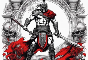 Black and white full body of gladiator, with red clothes, red blood around, skulls and skeletons in the background and on the ground tattoo idea