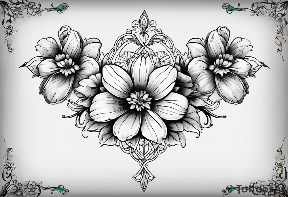 long vertical tattoo to cover my whole shin showing two separate flowers wrapped around each other, I want a long stem to shower them intertwined tattoo idea